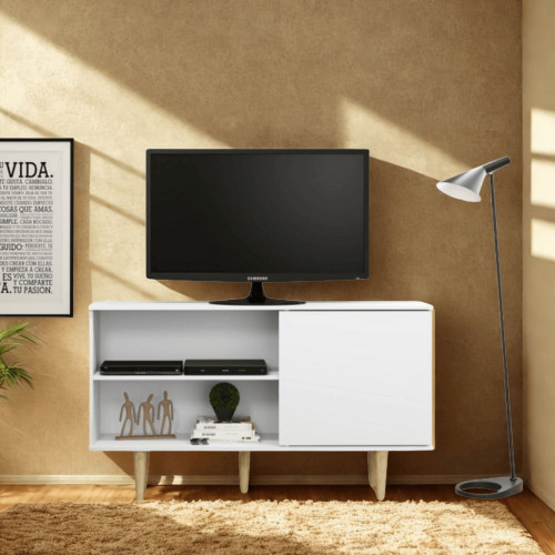 Rack Suecia nordico con puerta y patas de madera 1.36 x 0.79 x 0.30 Blanco