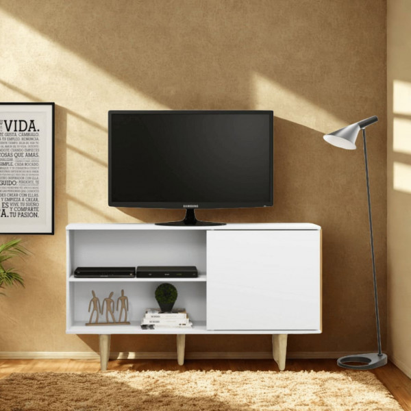 Rack Suecia nordico con puerta y patas de madera 1.36 x 0.79 x 0.30 Blanco