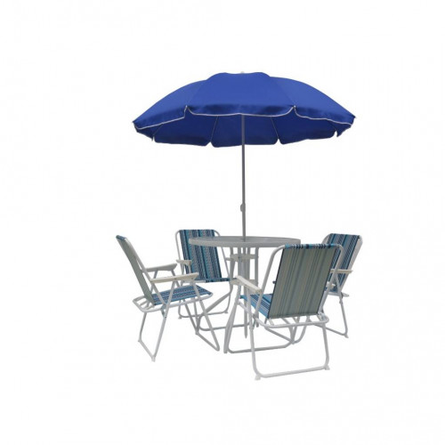 Juego de patio mesa y 4 sillas sombrilla azul