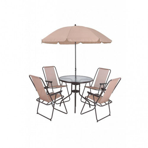 Juego de patio 6 piezas mesa redonda 4 sillas y sombrilla 102119 Beige