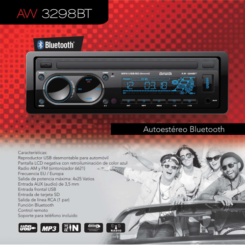 AUTO RADIO AIWA AW-3298BT C/REMOTO USB/SD/LINE IN