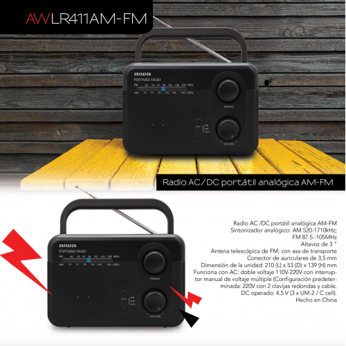 RADIO AIWA AW-LR411AMFM AM/FM CON PILAS Y ELECTRICIDAD 110-220V