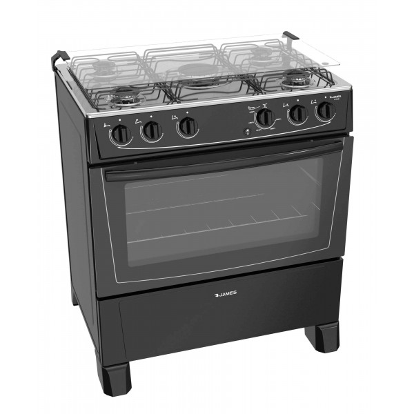 COCINA A GAS 5 HORNALLAS C-150B NEGRO ● Termocupla de Seguridad● Mesada Inoxidable ● Quemador central mega llama