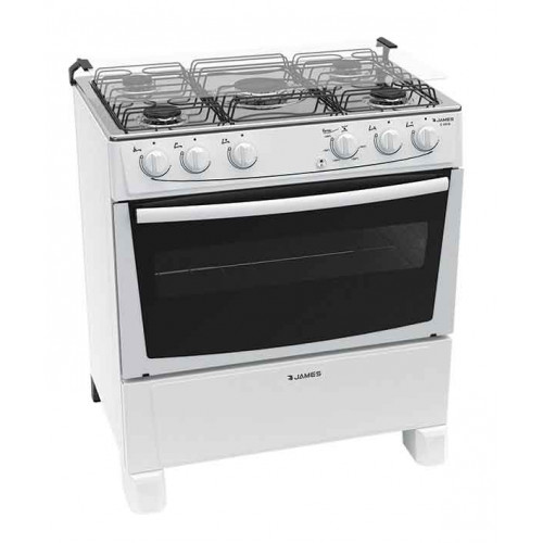 Cocina a gas james 5 hornallas c-150b blanca ● termocupla de seguridad● mesada inoxidable ● quemador central mega llama